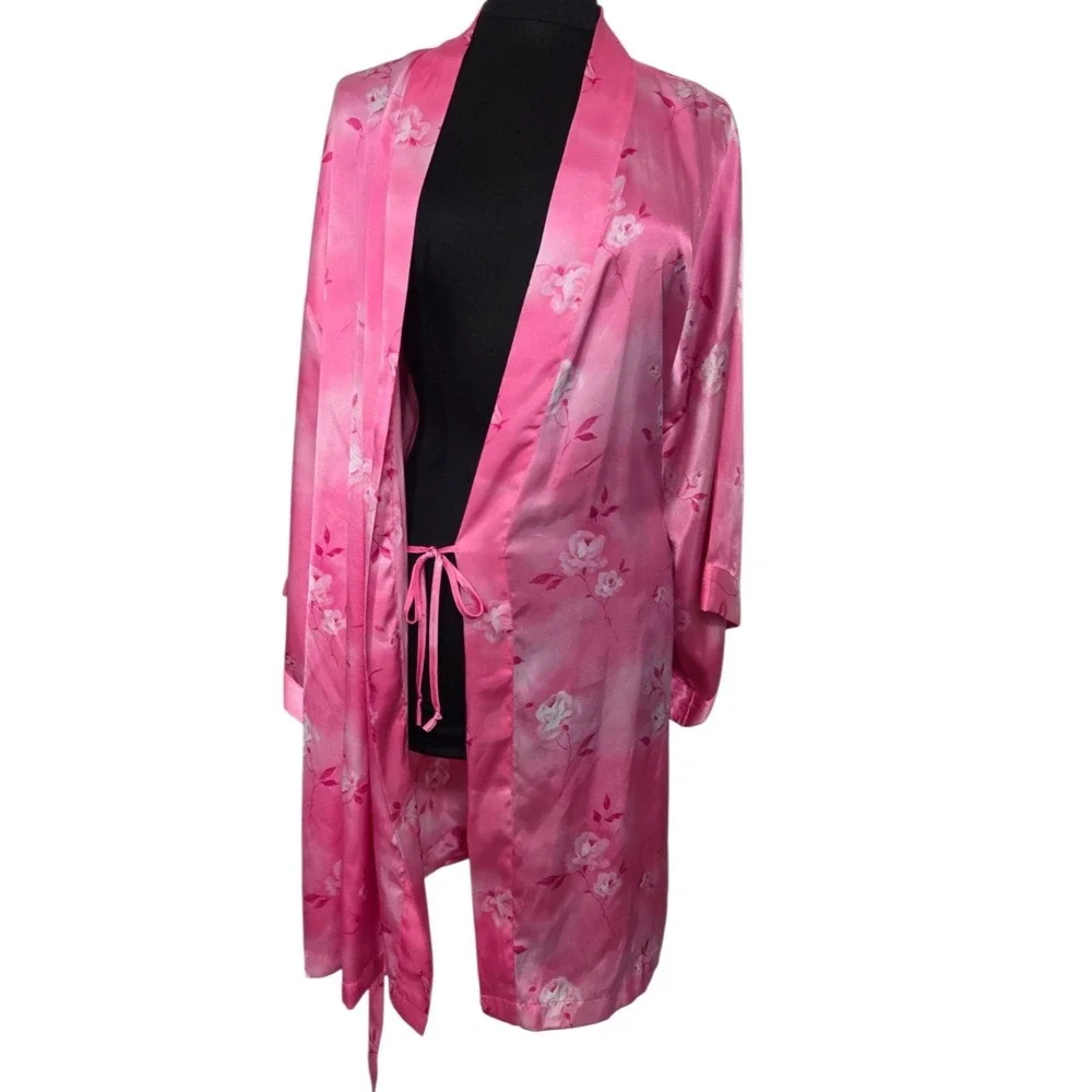 Vintage‎ Inner Most Lingerie Robe Pink Satin Silky Kimono Floral Coquette Size L